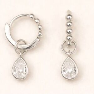 Chic Silver Huggies With Beaded Detail & CZ Teardrop Earrings